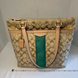 Coach Signature C‎ Stripe Tote Shoulder Bag Green Tan Classic (March 2014)